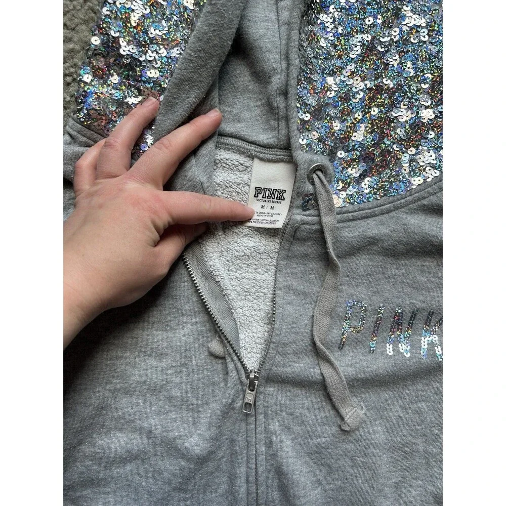 Vintage Victoria’s Secret PINK Gray Sequins Hoodie Sweater MEDIUM RARE Y2K